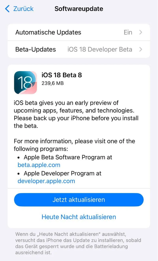 古交苹果手机维修分享苹果 iOS / iPadOS 18 开发者预览版 Beta 8 发布 